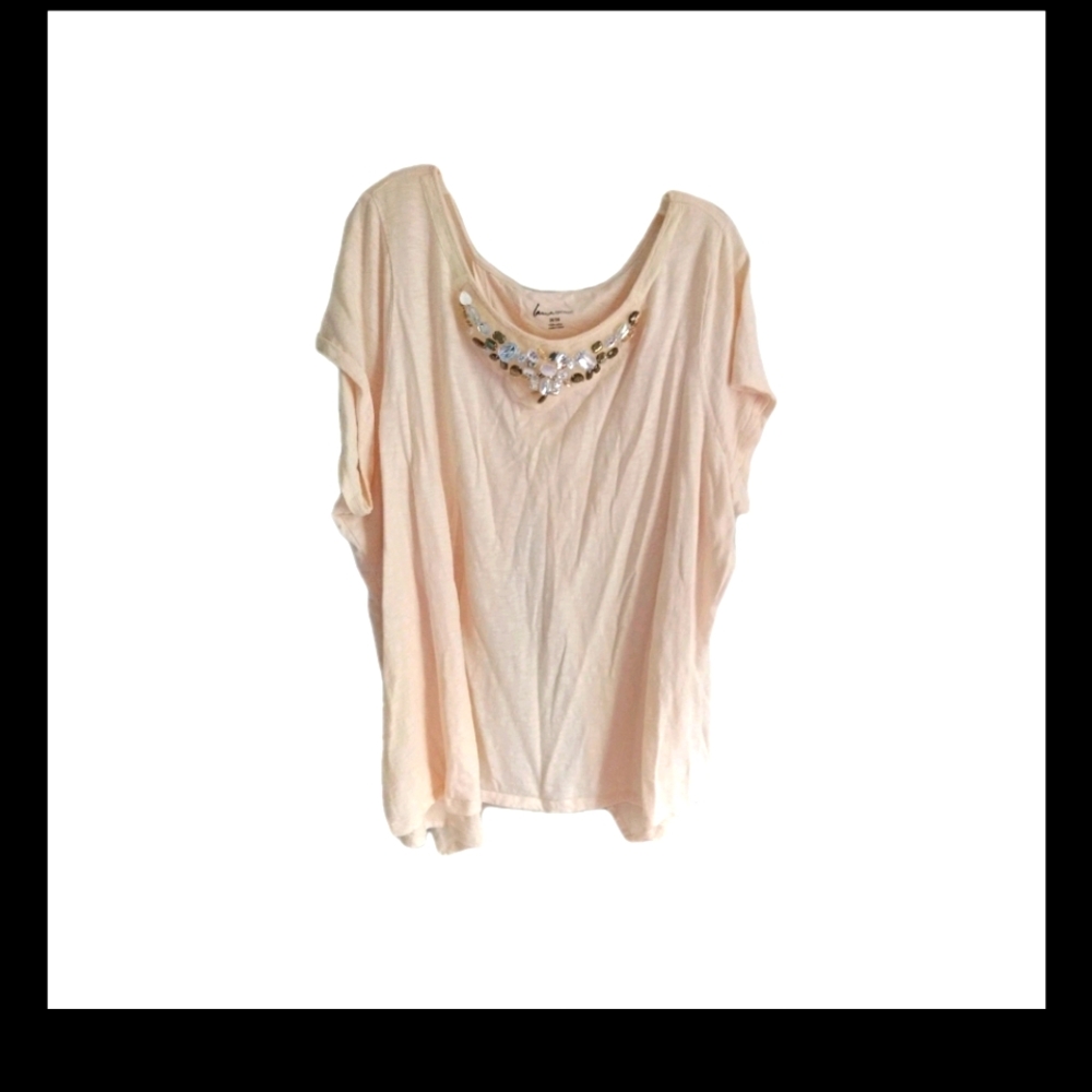 Embellished Lane Bryant 26/28 Bling Neck Pink Cotton Tee Tulip Open Back Layered